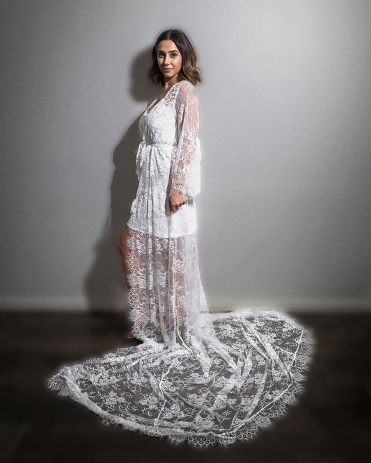 Alexandra Sophia Long All-Lace Robe (Includes Slip Dress)